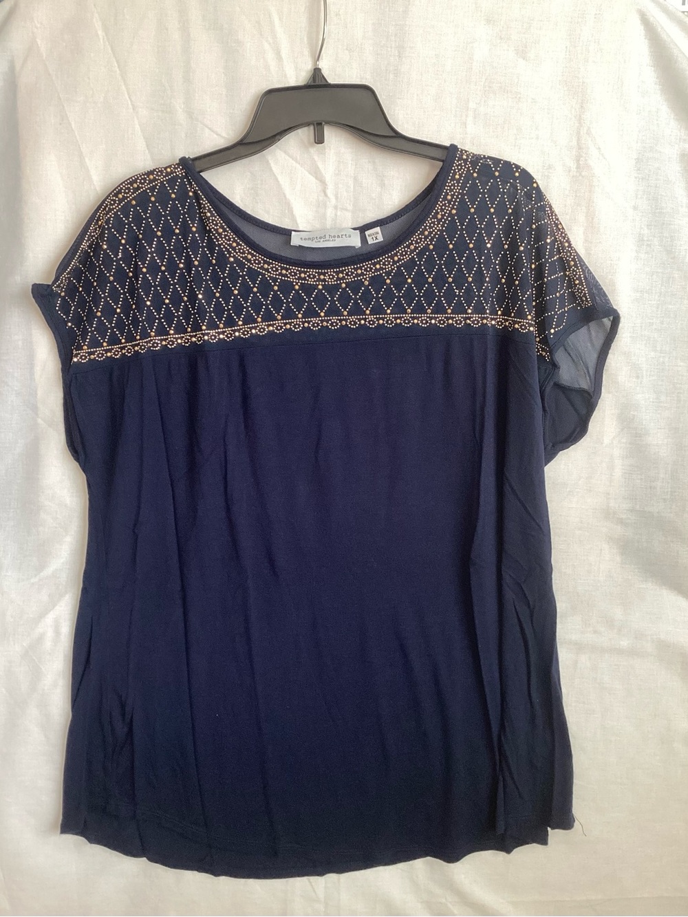 Tempted Hearts Navy Short-Sleeve Top with Gold Embellished beads